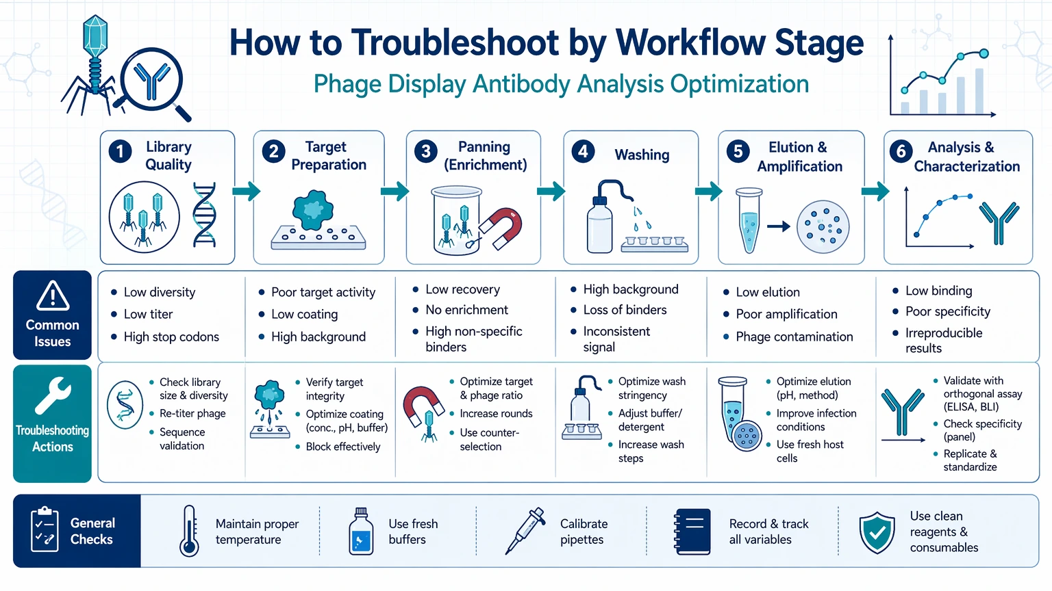 phage display antibody analysis optimization How to Troubleshoot by Workflow Stage visual guide