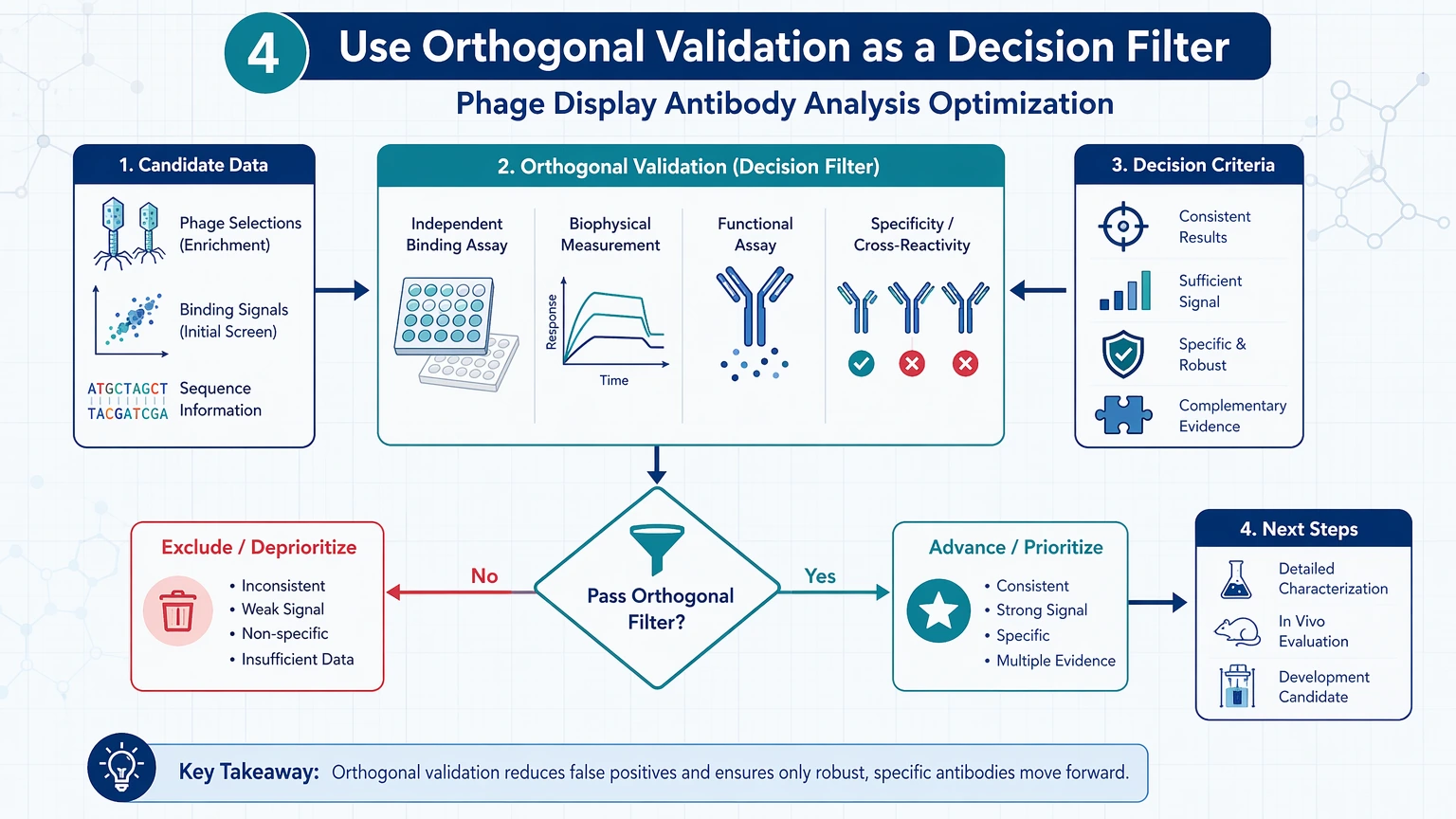 phage display antibody analysis optimization 4. Use Orthogonal Validation as a Decision Filter visual guide