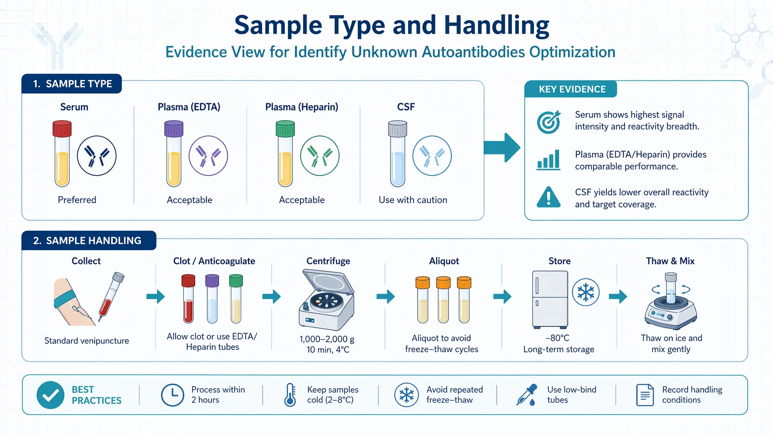 identify unknown autoantibodies optimization Sample type and handling visual guide