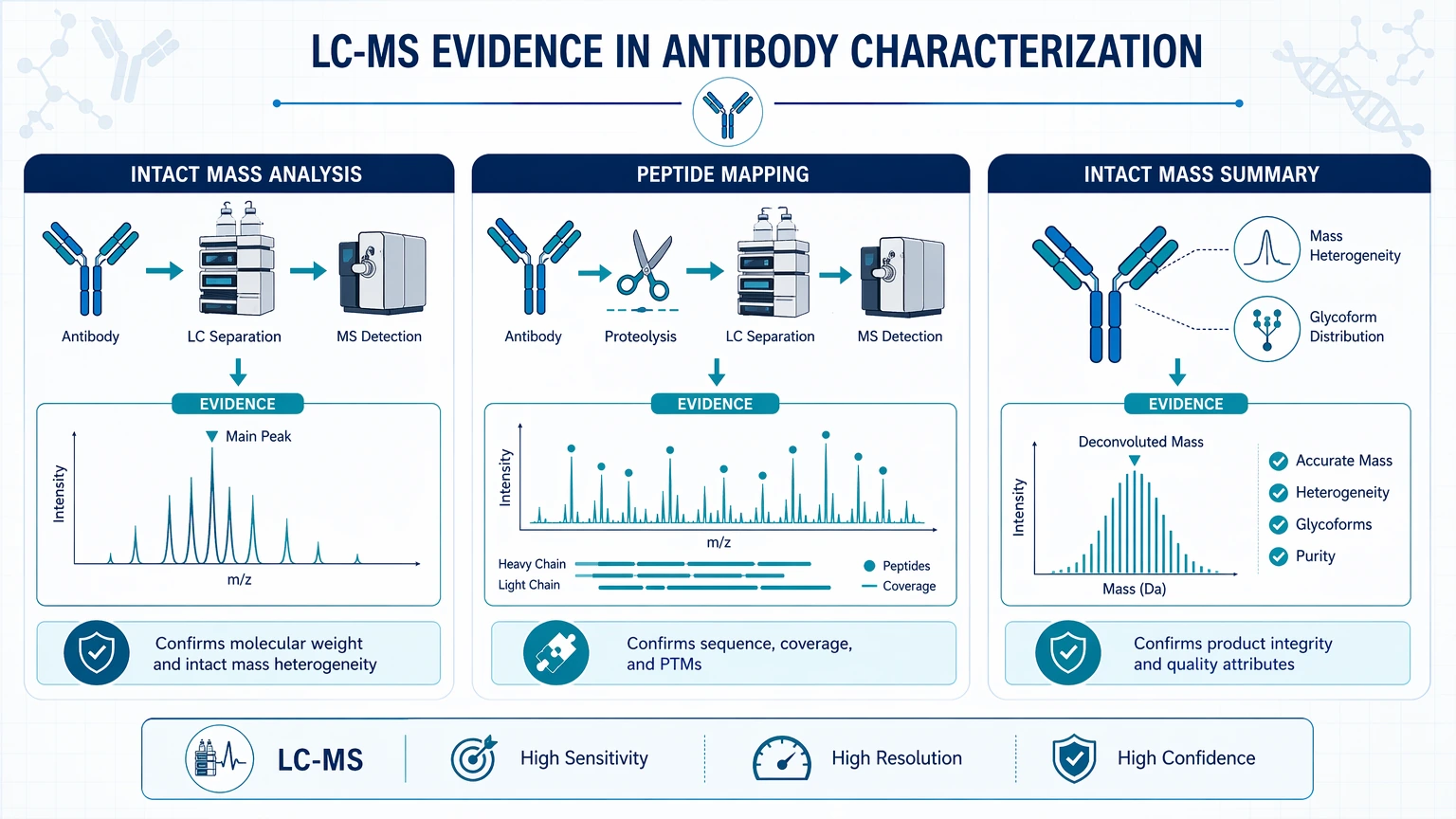antibody characterization methods LC-MS, intact mass analysis, and peptide mapping visual guide