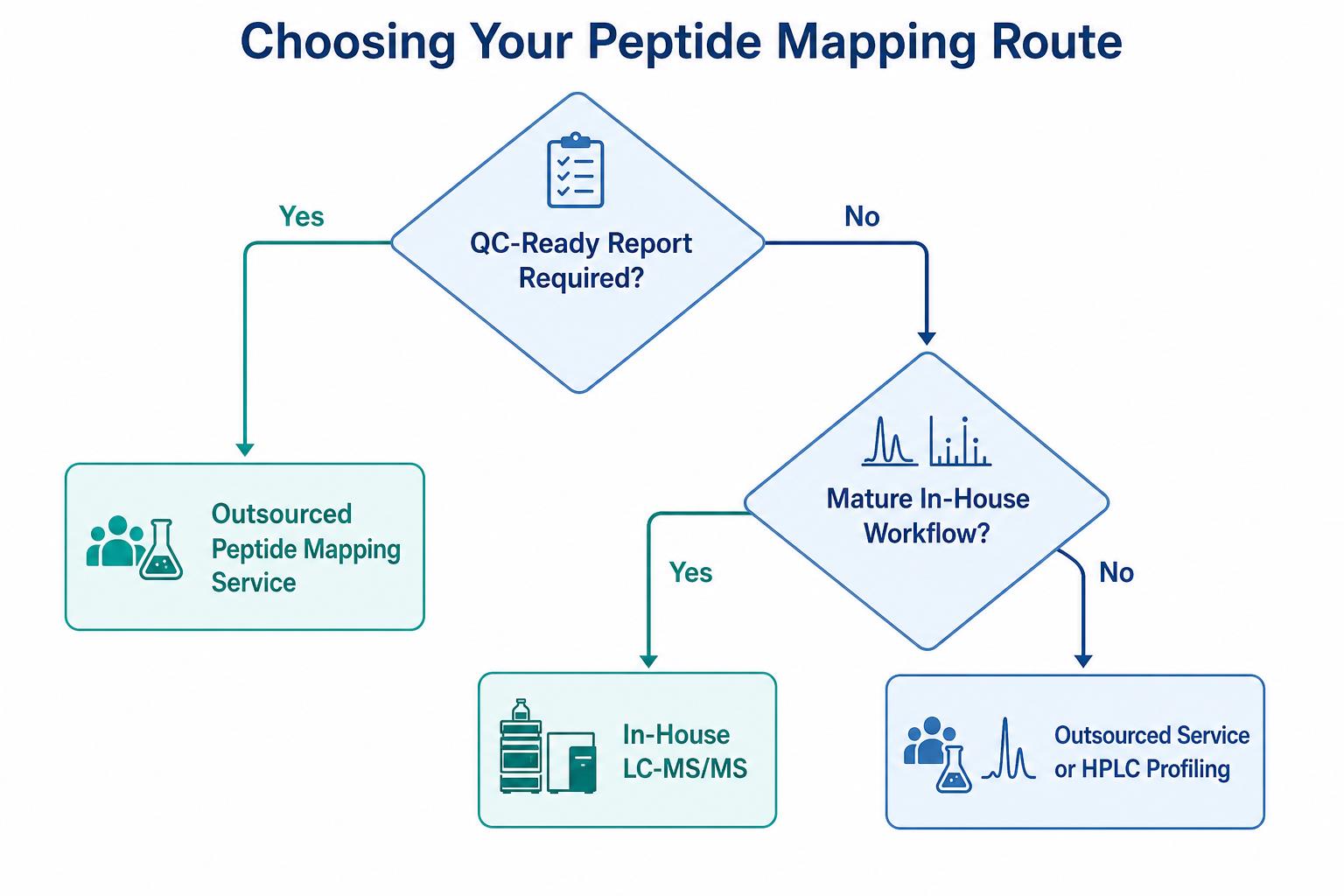 Decision flowchart for choosing peptide mapping service, in-house LC-MS/MS testing, or HPLC peptide profiling based on documentation requirements Decision flowchart for choosing peptide mapping service, in-house LC-MS/MS testing, or HPLC peptide profiling based on documentation requirements