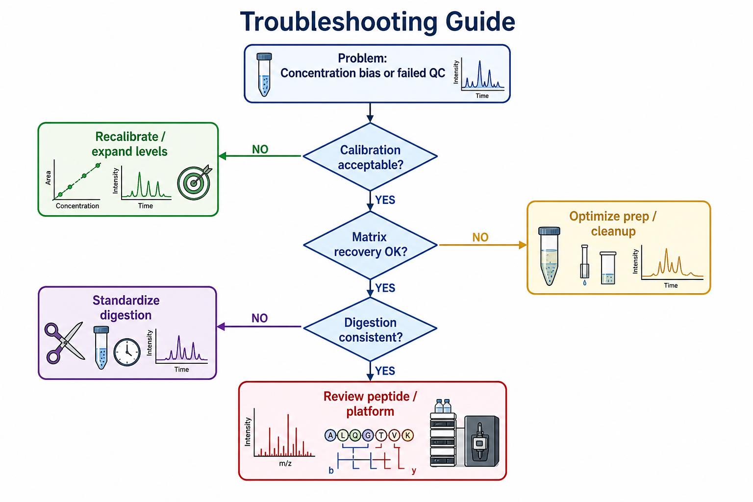 Troubleshooting flowchart for absolute protein quantification calibration matrix recovery and digestion issues Troubleshooting flowchart for absolute protein quantification calibration matrix recovery and digestion issues