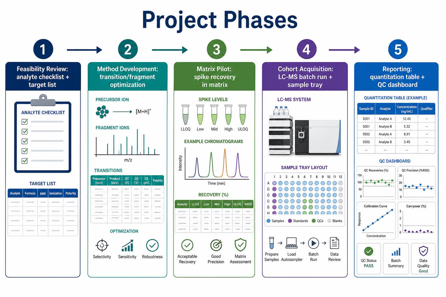 Targeted mass spectrometry project phases from feasibility review through method development matrix pilot cohort acquisition and reporting Targeted mass spectrometry project phases from feasibility review through method development matrix pilot cohort acquisition and reporting