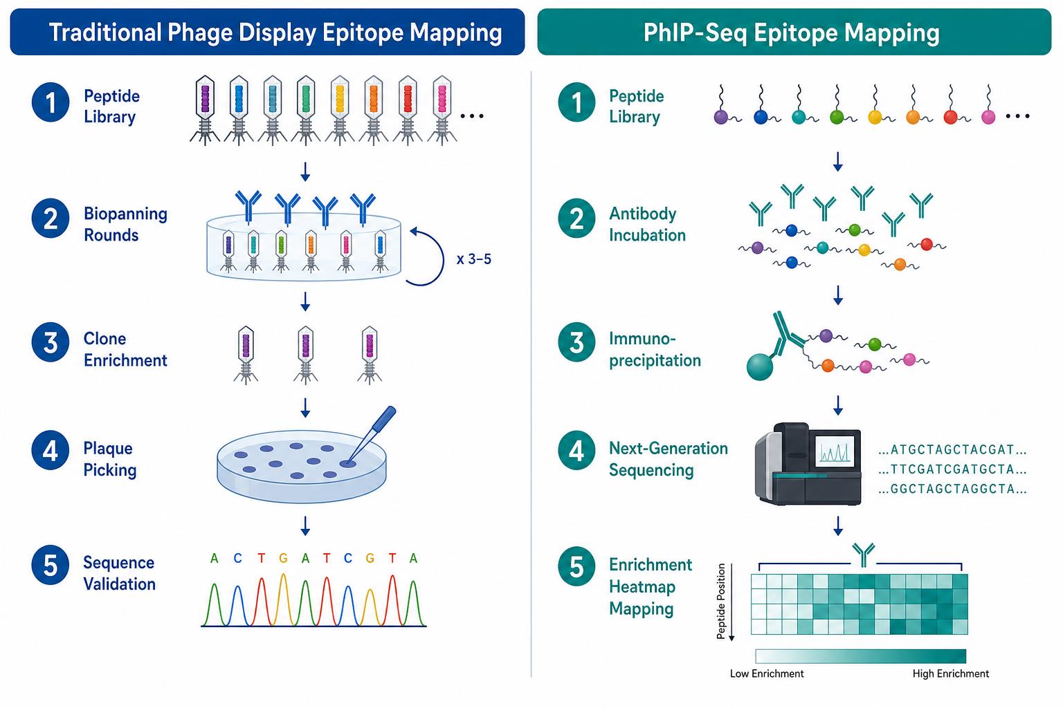 Side-by-side workflow comparison of traditional phage display epitope mapping and PhIP-Seq epitope mapping from library incubation through validation Side-by-side workflow comparison of traditional phage display epitope mapping and PhIP-Seq epitope mapping from library incubation through validation