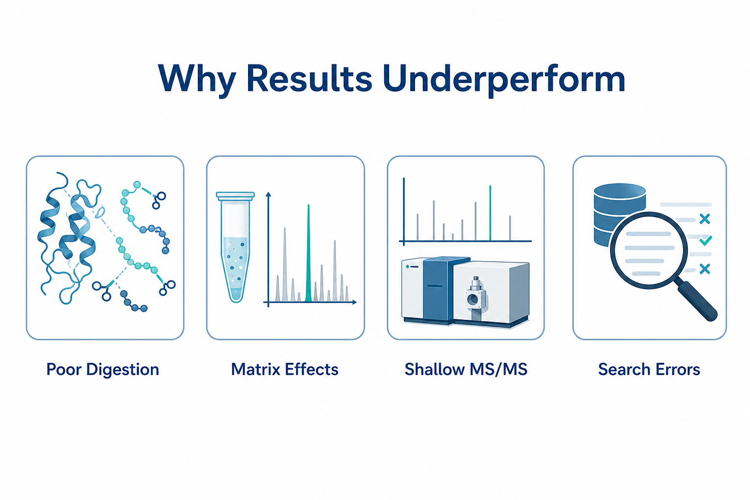 Common causes of weak bottom-up proteomics results from protein digestion through LC-MS/MS acquisition and peptide identification Common causes of weak bottom-up proteomics results from protein digestion through LC-MS/MS acquisition and peptide identification