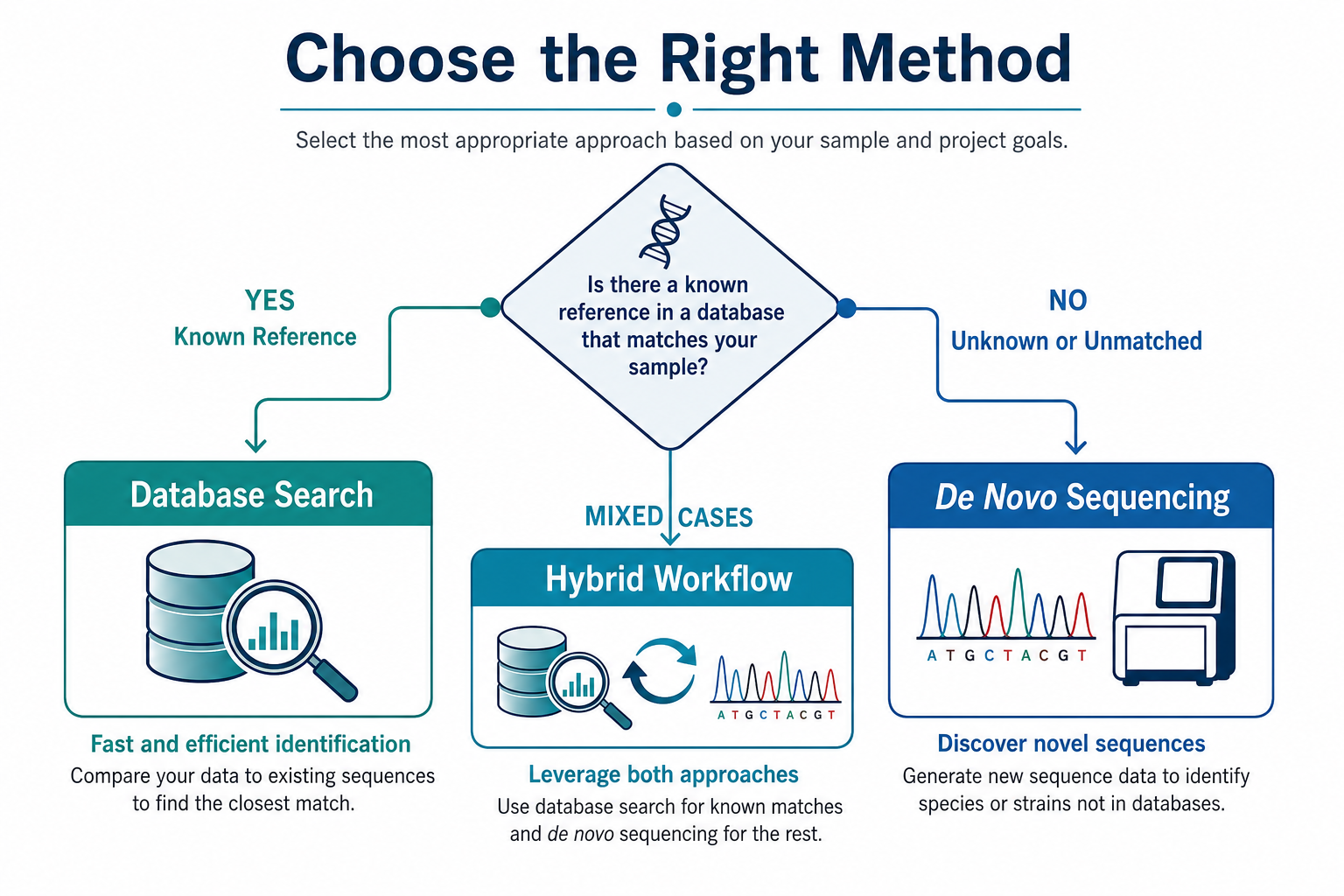 Decision guide for choosing database search or de novo peptide sequencing based on reference availability and peptide sequence analysis goal Decision guide for choosing database search or de novo peptide sequencing based on reference availability and peptide sequence analysis goal