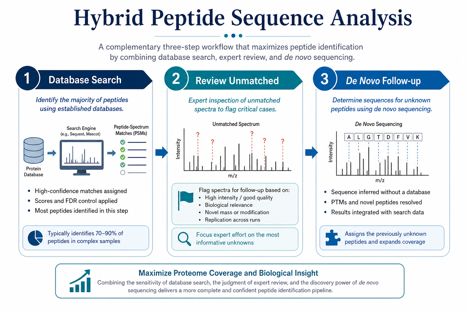 Combined peptide sequence analysis workflow using database search for bulk identification and de novo sequencing for unmatched critical peptides Combined peptide sequence analysis workflow using database search for bulk identification and de novo sequencing for unmatched critical peptides