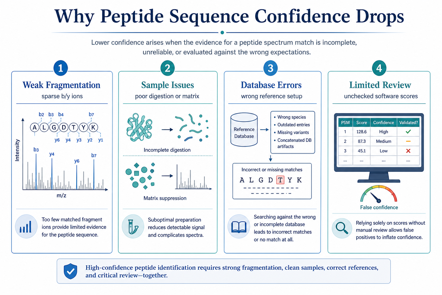 Common causes of low peptide sequence analysis confidence in LC-MS/MS workflows including weak fragmentation, sample issues, database errors, and limited review