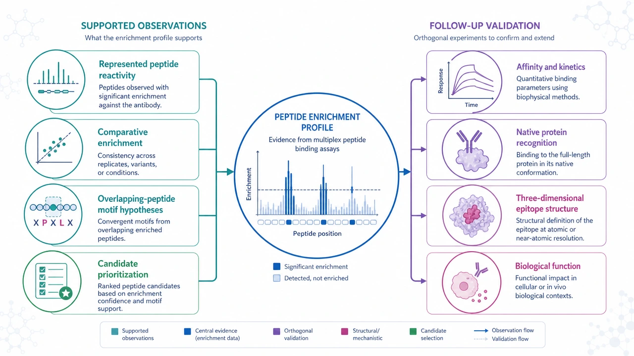 Scope map separating PhIP-Seq peptide enrichment observations from affinity, structural, native-protein, and functional validation endpoints