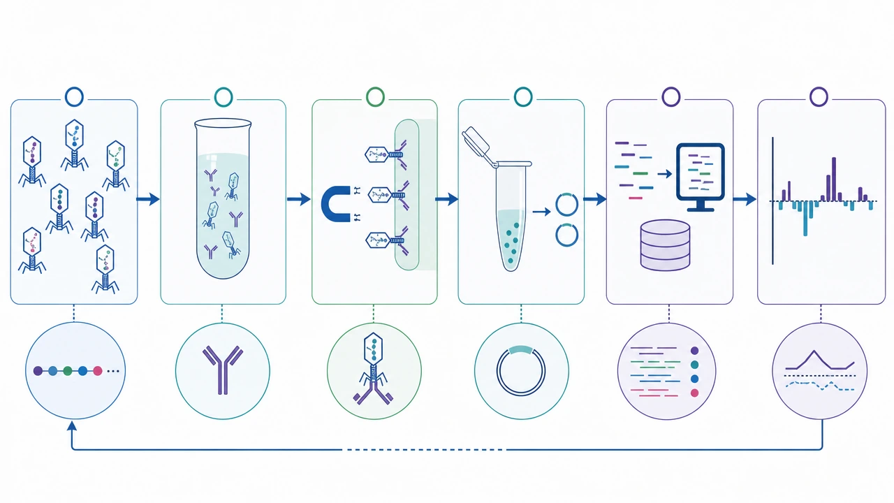 PhIP-Seq workflow from phage-displayed peptide library and antibody immunoprecipitation to sequencing-based enrichment analysis
