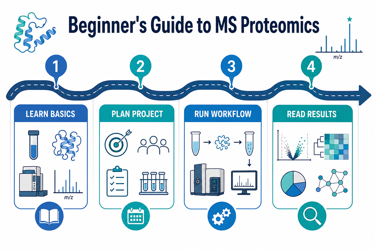 Beginner roadmap for mass spectrometry-based proteomics covering basics project planning workflow execution and result interpretation