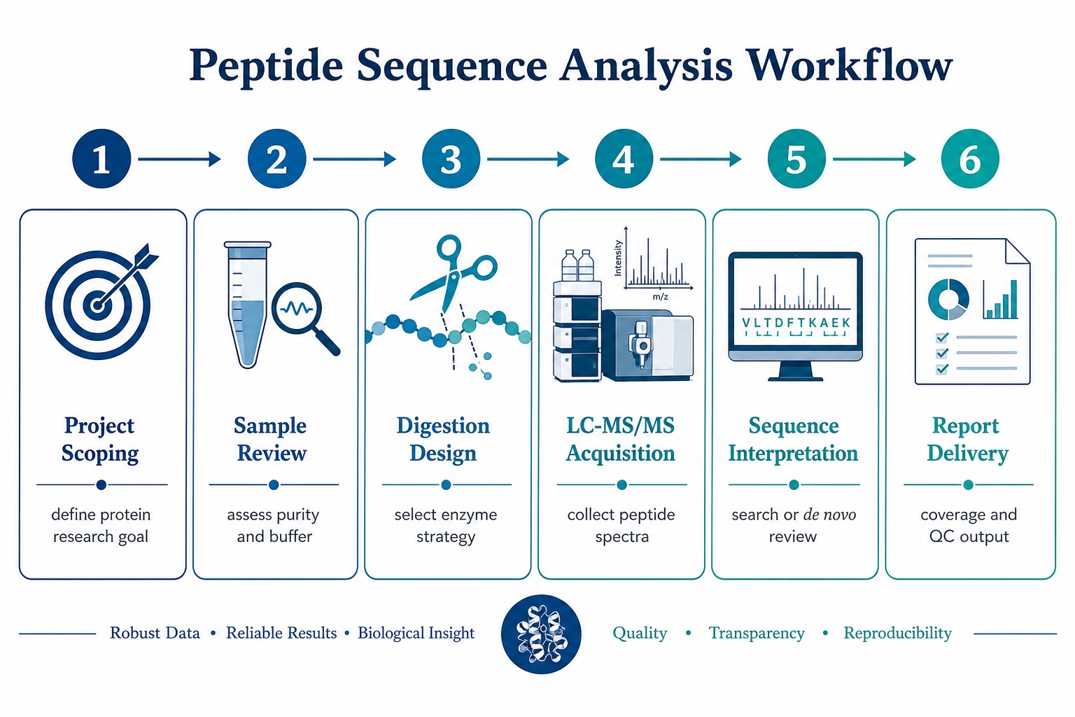 Peptide sequence analysis workflow in protein research from sample preparation through digestion, LC-MS/MS, interpretation, and reporting Peptide sequence analysis workflow in protein research from sample preparation through digestion, LC-MS/MS, interpretation, and reporting