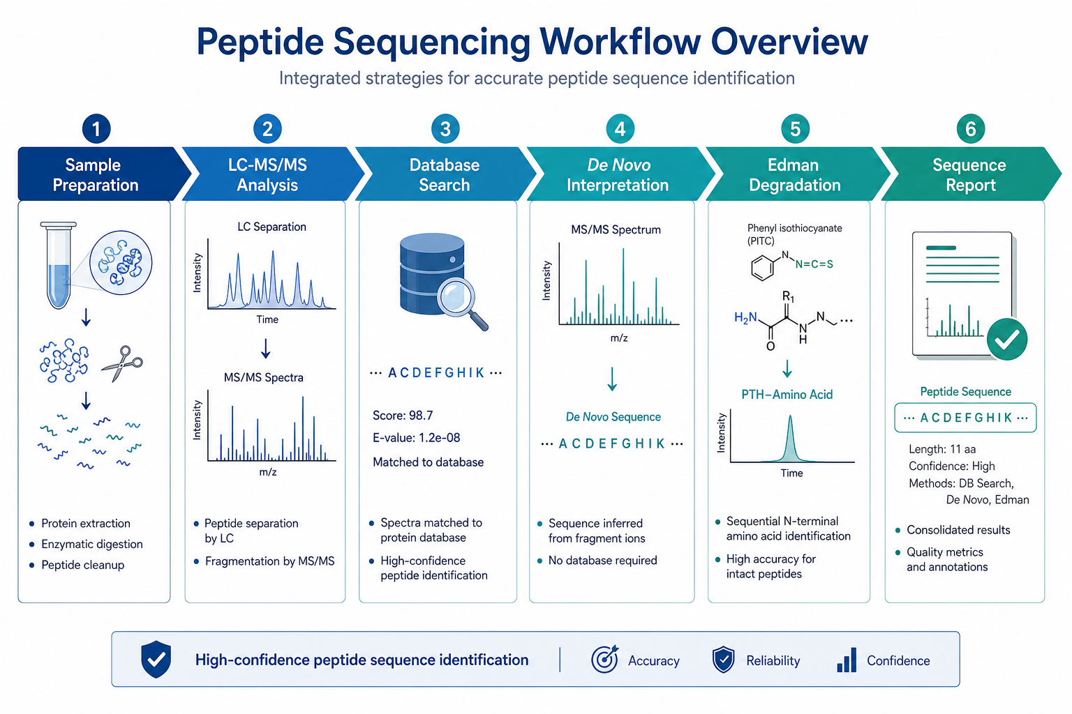 Peptide sequencing workflow overview showing sample preparation, LC-MS/MS analysis, de novo interpretation, and Edman degradation routes for unknown peptide sequence determination Peptide sequencing workflow overview showing sample preparation, LC-MS/MS analysis, de novo interpretation, and Edman degradation routes for unknown peptide sequence determination