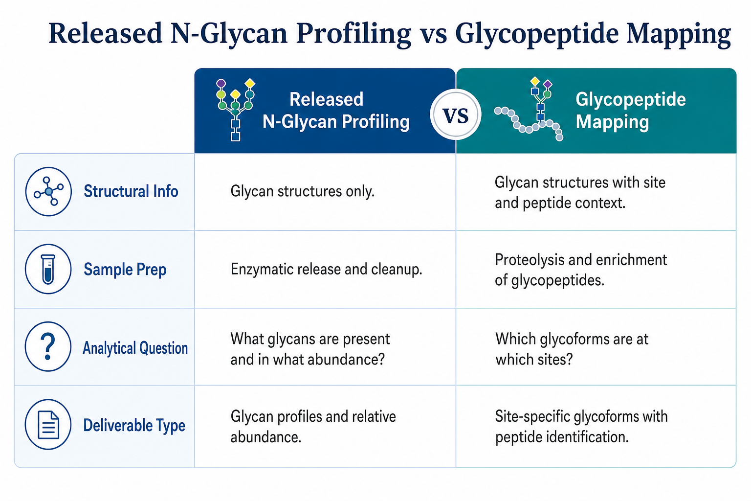 Comparison of released N-glycan profiling and glycopeptide mapping across structural information, sample preparation, analytical question, and deliverable type for antibody glycosylation analysis Comparison of released N-glycan profiling and glycopeptide mapping across structural information, sample preparation, analytical question, and deliverable type for antibody glycosylation analysis
