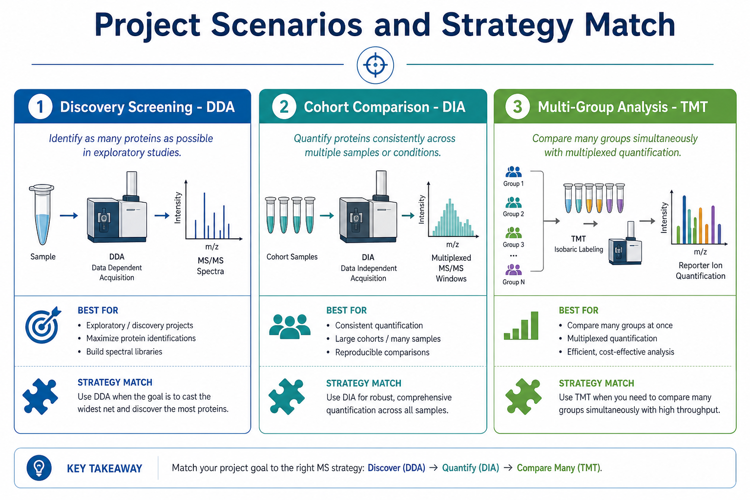 LC-MS/MS proteomics project scenarios matched to DDA DIA and TMT strategies for discovery cohort comparison and multiplex group analysis