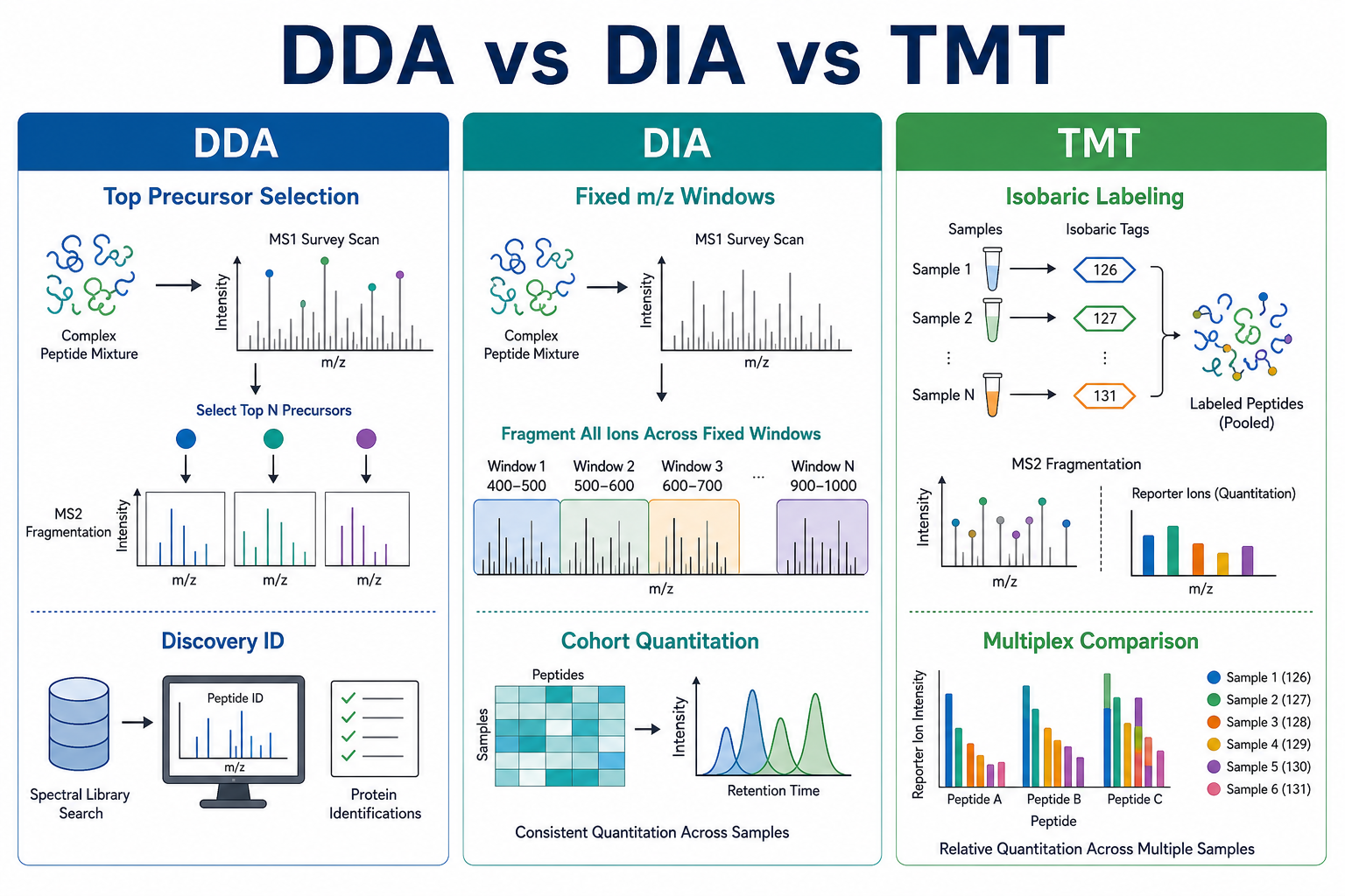 DDA DIA and TMT compared in LC-MS/MS proteomics showing acquisition mode differences and TMT isobaric multiplex labeling