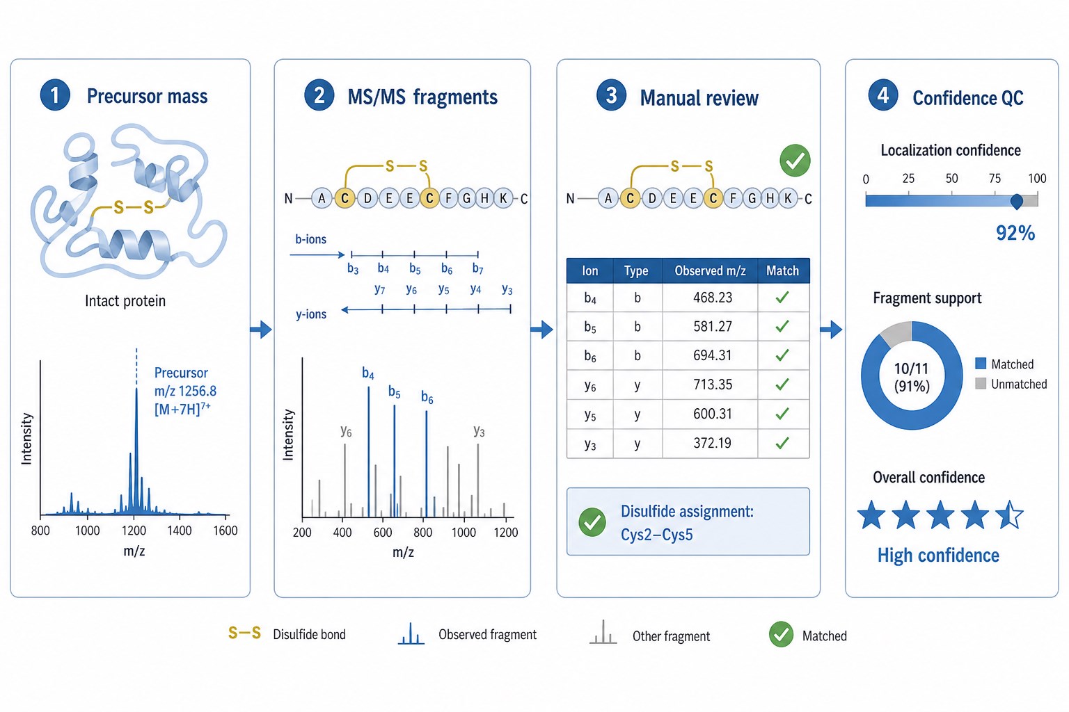 Data interpretation in disulfide bond mapping LC-MS/MS including precursor mass MS/MS fragments manual review and confidence QC