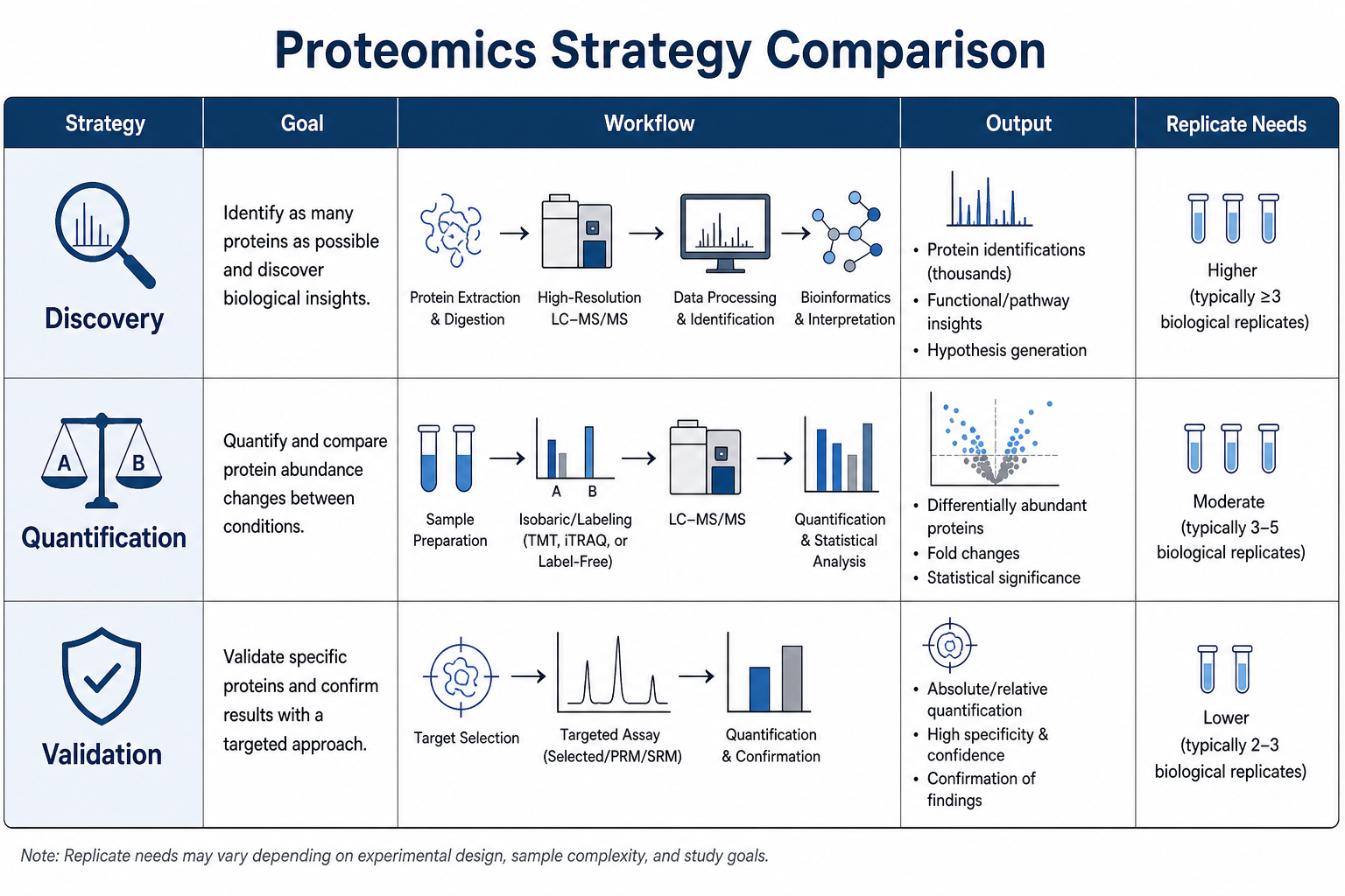 Comparison of discovery, quantification, and validation proteomics strategies by goal, workflow, output, and replicate requirements