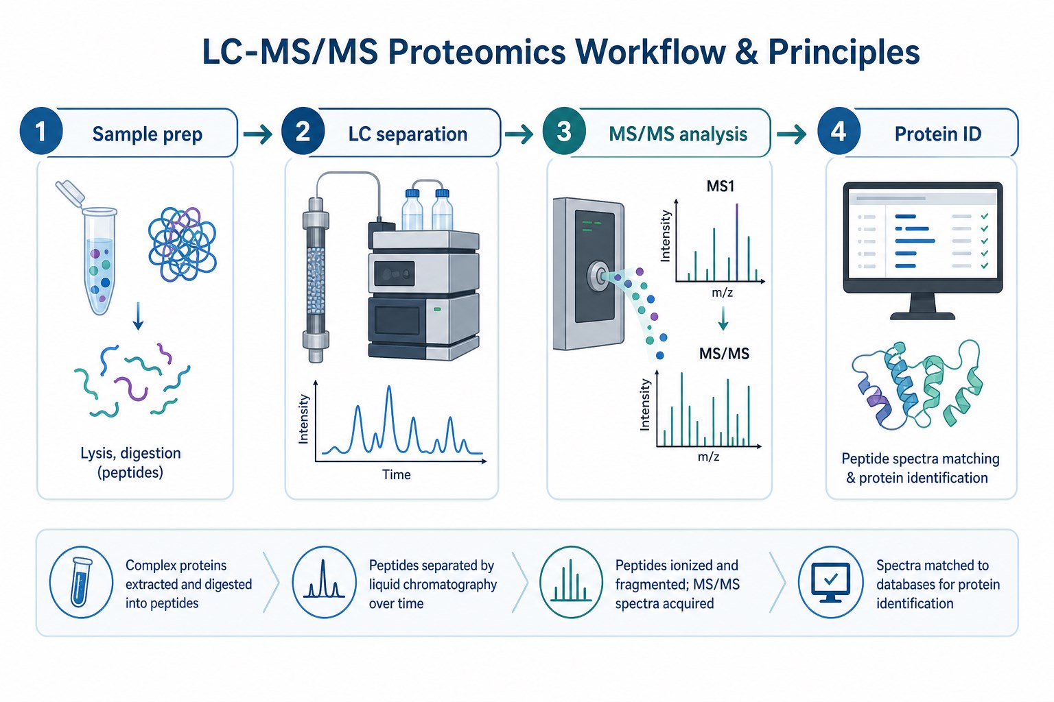 Core LC-MS/MS proteomics workflow principles including sample preparation LC separation MS/MS analysis and protein identification Core LC-MS/MS proteomics workflow principles including sample preparation LC separation MS/MS analysis and protein identification