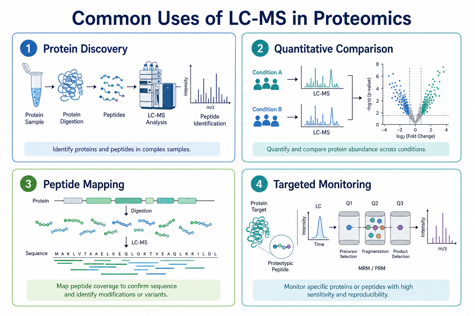 Common uses of LC-MS in proteomics including protein discovery quantitative comparison peptide mapping and targeted monitoring Common uses of LC-MS in proteomics including protein discovery quantitative comparison peptide mapping and targeted monitoring