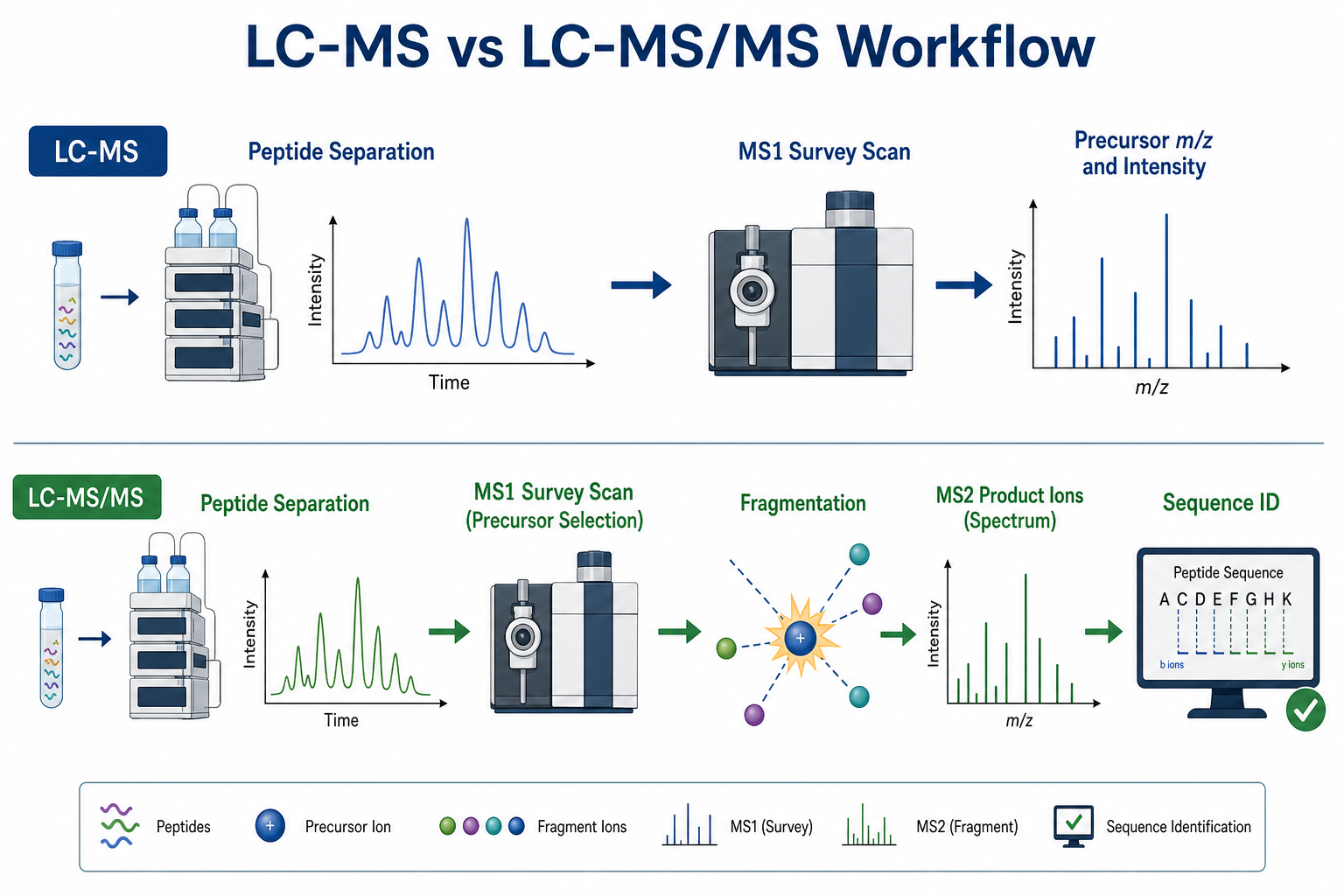 LC-MS versus LC-MS/MS workflow comparison showing precursor measurement only in LC-MS and precursor plus fragmentation in LC-MS/MS LC-MS versus LC-MS/MS workflow comparison showing precursor measurement only in LC-MS and precursor plus fragmentation in LC-MS/MS