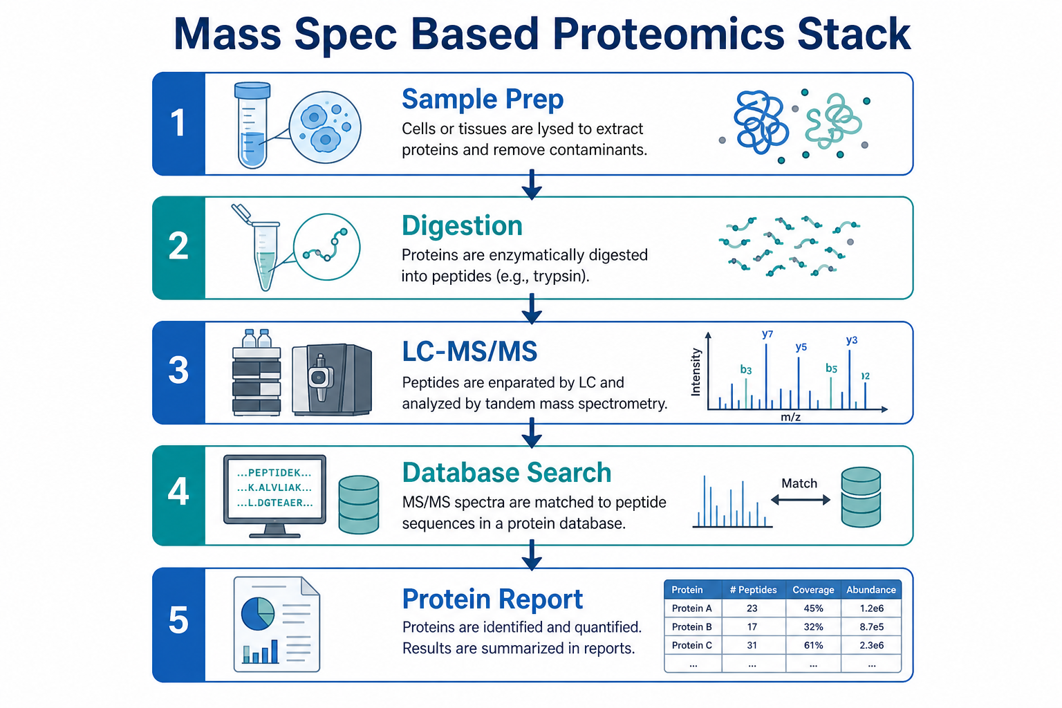 Mass spec based proteomics technology stack from sample preparation through digestion LC-MS/MS and bioinformatics reporting Mass spec based proteomics technology stack from sample preparation through digestion LC-MS/MS and bioinformatics reporting