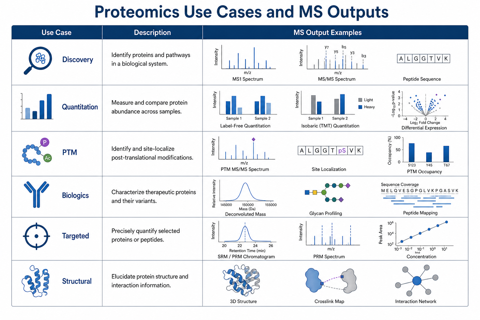 Proteomics use cases and corresponding mass spectrometry outputs across discovery, quantitation, PTM, biologics, targeted, and structural applications Proteomics use cases and corresponding mass spectrometry outputs across discovery, quantitation, PTM, biologics, targeted, and structural applications