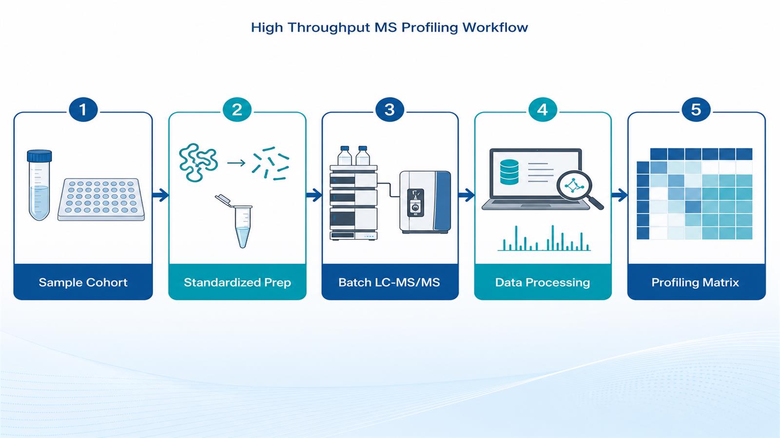 High throughput MS profiling workflow from sample cohort through standardized preparation batch LC-MS/MS and profiling matrix output