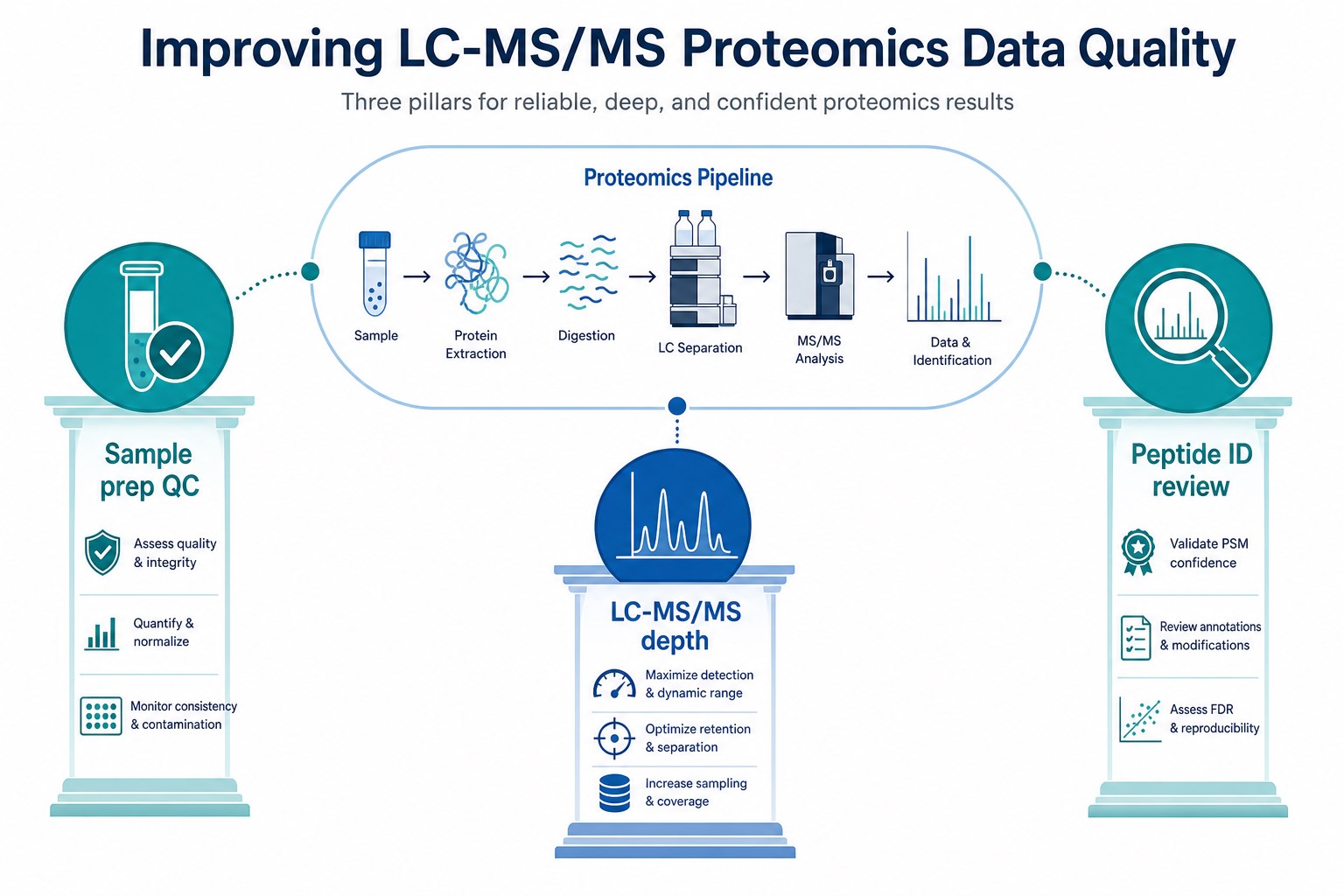 Common factors affecting LC-MS/MS proteomics data quality including sample prep control LC-MS/MS depth and peptide identification review