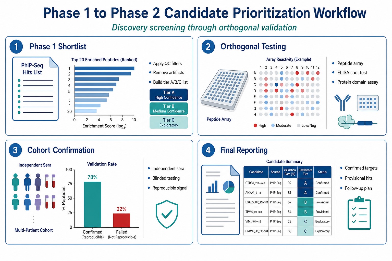 Phase 1 to phase 2 workflow for candidate prioritization from PhIP-Seq shortlist through orthogonal testing, cohort confirmation, and final reporting