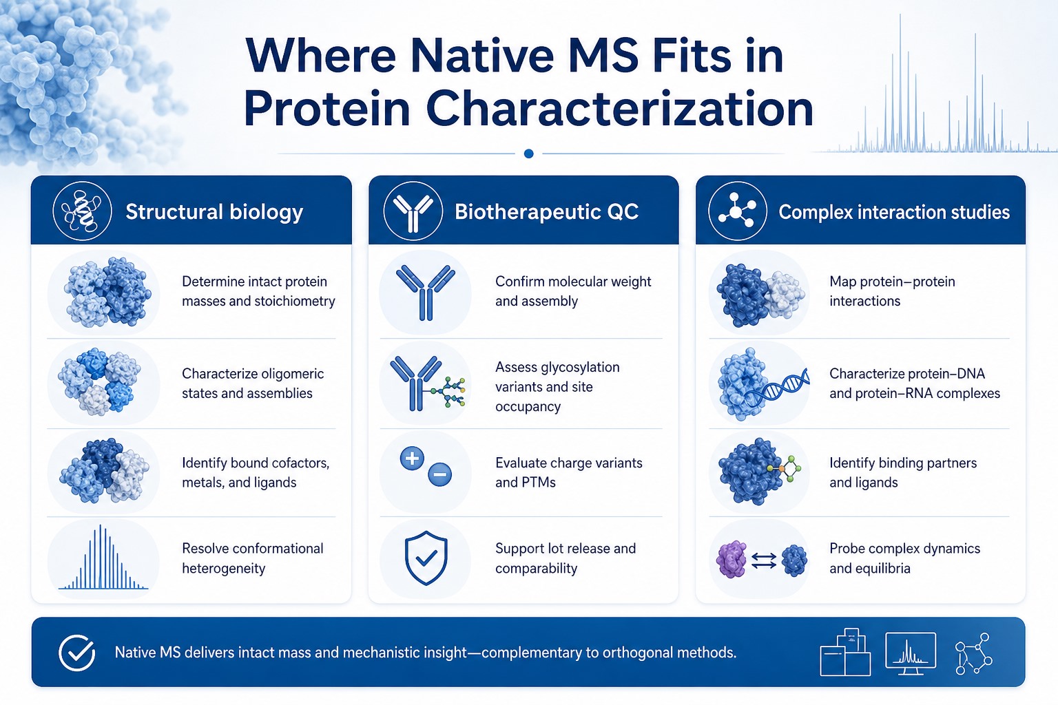 Application areas for native mass spectrometry in structural biology biotherapeutic QC and protein interaction studies Application areas for native mass spectrometry in structural biology biotherapeutic QC and protein interaction studies