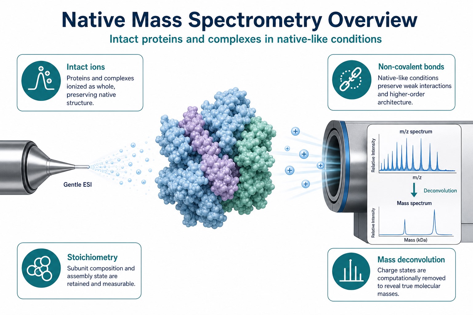 Native mass spectrometry overview showing intact protein and complex analysis under native-like electrospray ionization conditions Native mass spectrometry overview showing intact protein and complex analysis under native-like electrospray ionization conditions