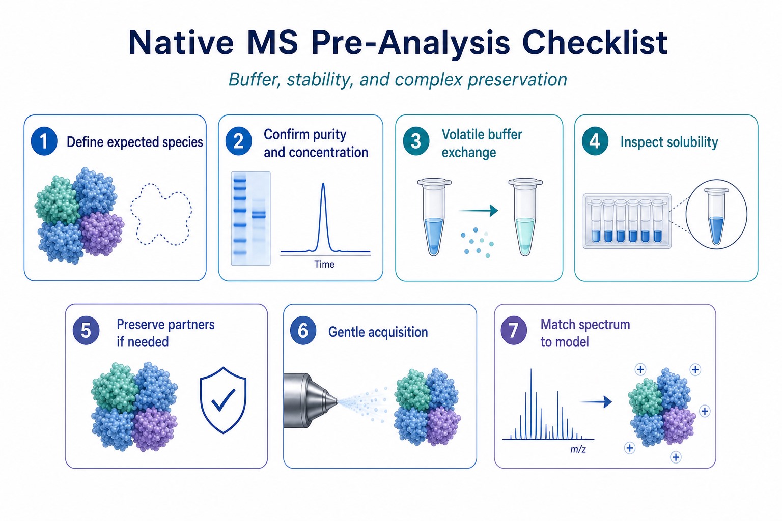 Pre-analysis checklist covering buffer exchange protein stability and complex preservation before native MS