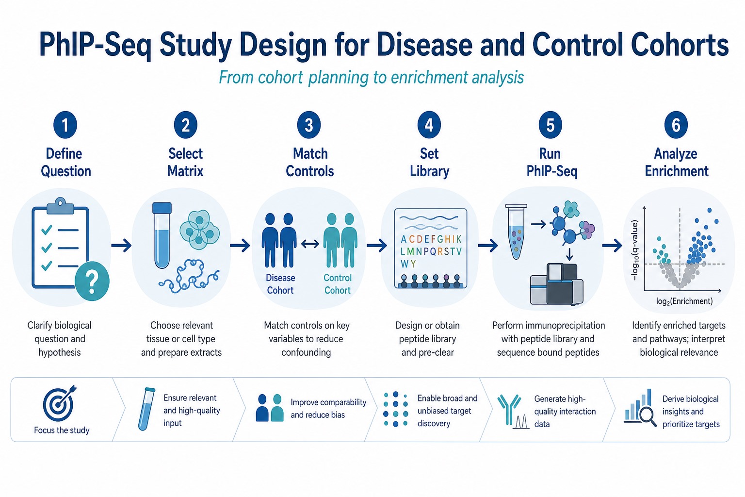 PhIP-Seq study design workflow for disease and control cohorts from question definition through matrix selection control matching library choice and enrichment analysis PhIP-Seq study design workflow for disease and control cohorts from question definition through matrix selection control matching library choice and enrichment analysis