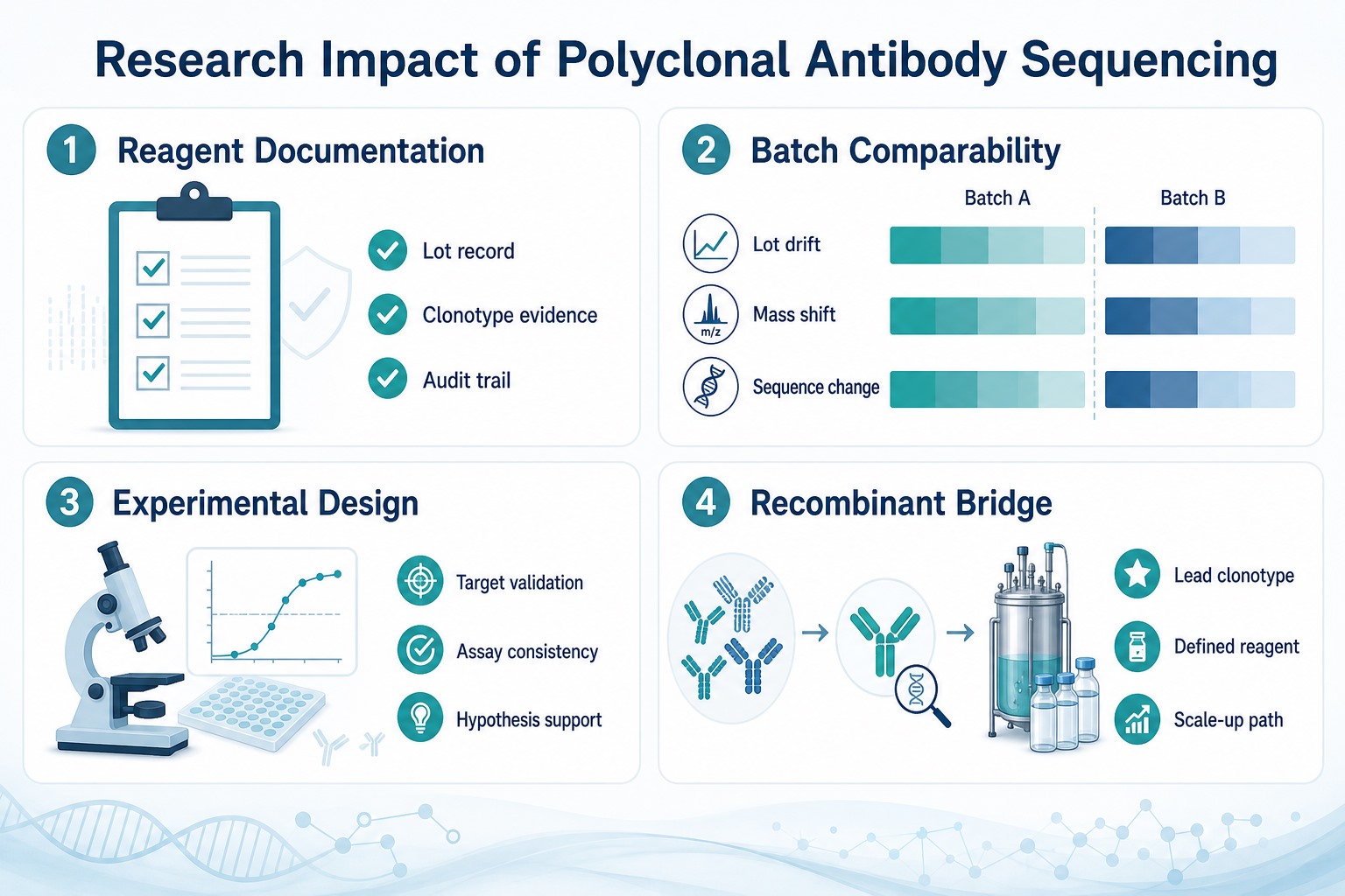 Research impact of polyclonal antibody sequencing on reagent documentation batch comparability experimental design and recombinant redevelopment Research impact of polyclonal antibody sequencing on reagent documentation batch comparability experimental design and recombinant redevelopment