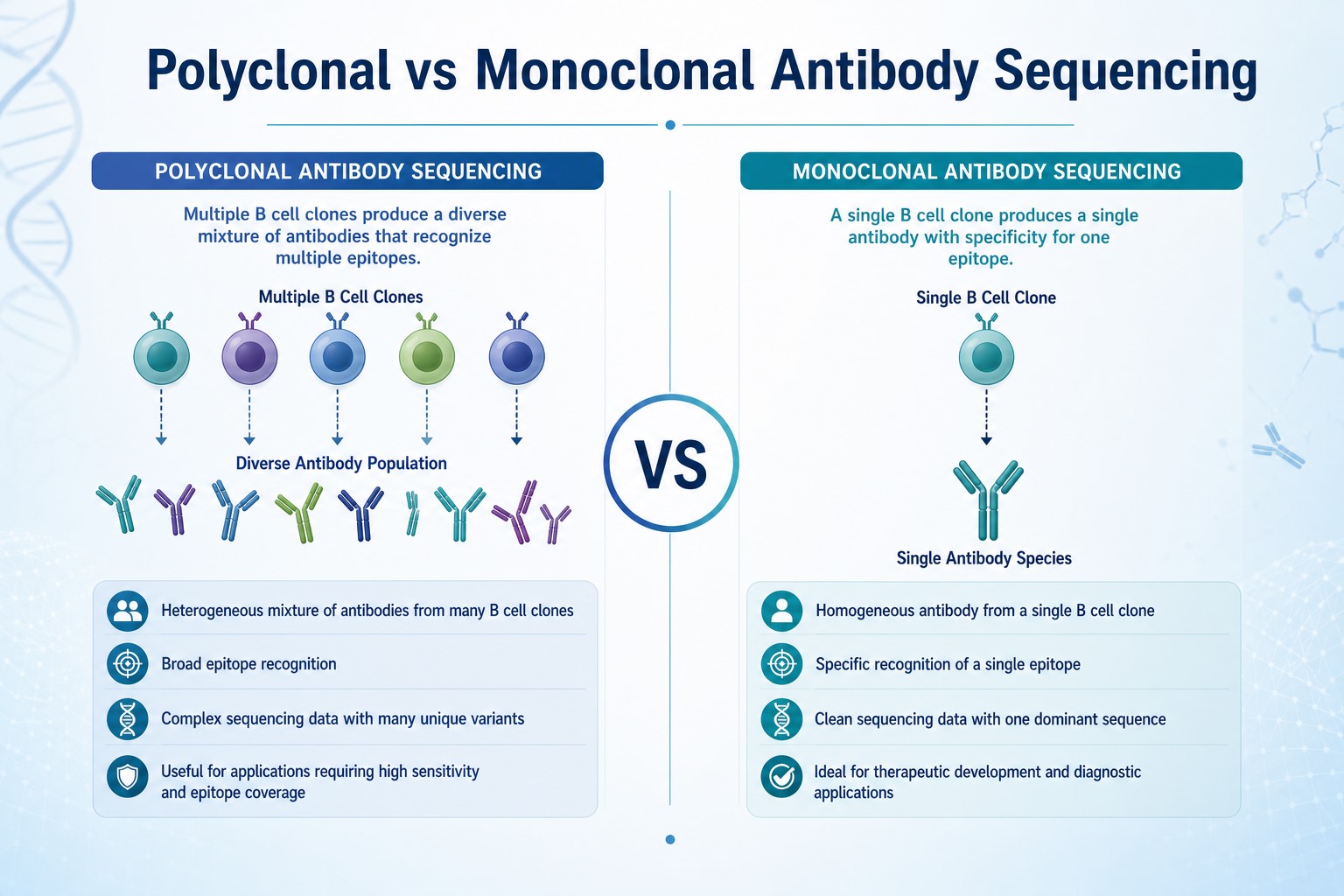Comparison of polyclonal antibody sequencing and monoclonal antibody sequencing by sample type output and workflow complexity Comparison of polyclonal antibody sequencing and monoclonal antibody sequencing by sample type output and workflow complexity