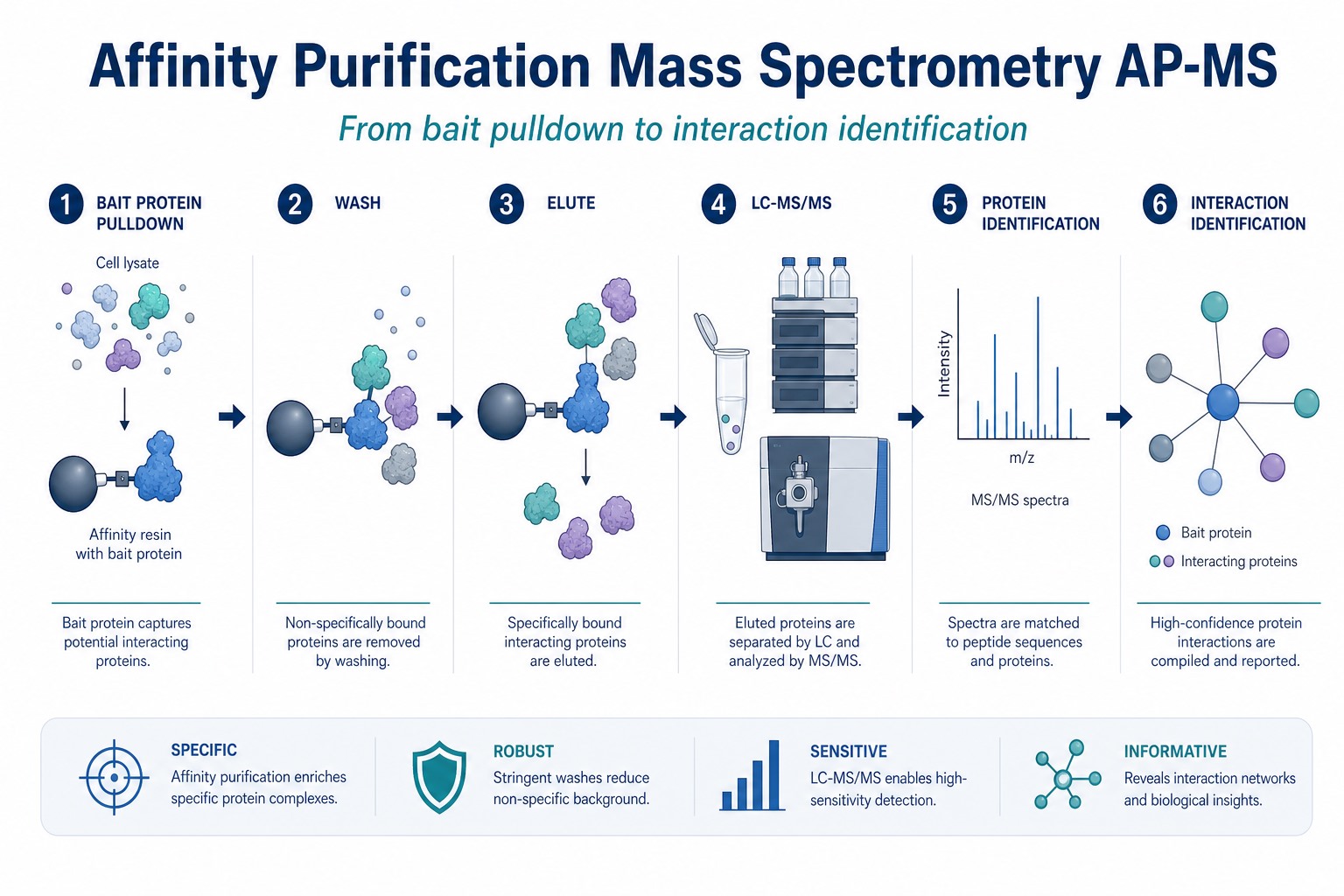 Affinity purification mass spectrometry AP-MS workflow from bait pull-down through LC-MS/MS to interactor protein identification Affinity purification mass spectrometry AP-MS workflow from bait pull-down through LC-MS/MS to interactor protein identification