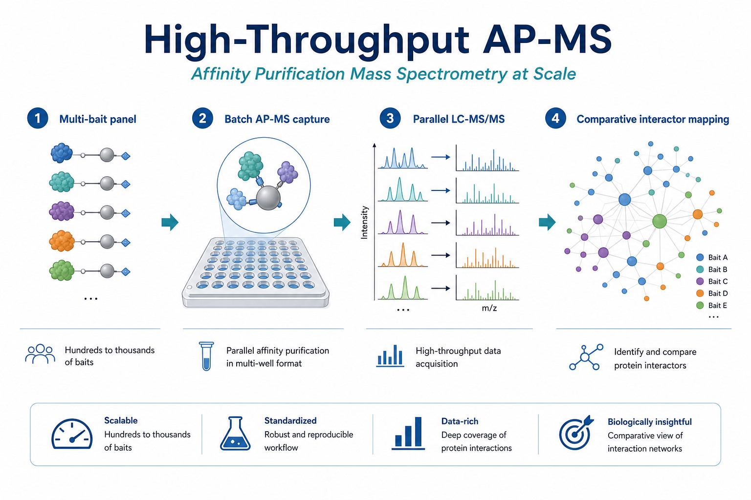 High-throughput affinity purification mass spectrometry overview from multi-bait AP-MS panels through parallel LC-MS/MS to comparative interactor mapping