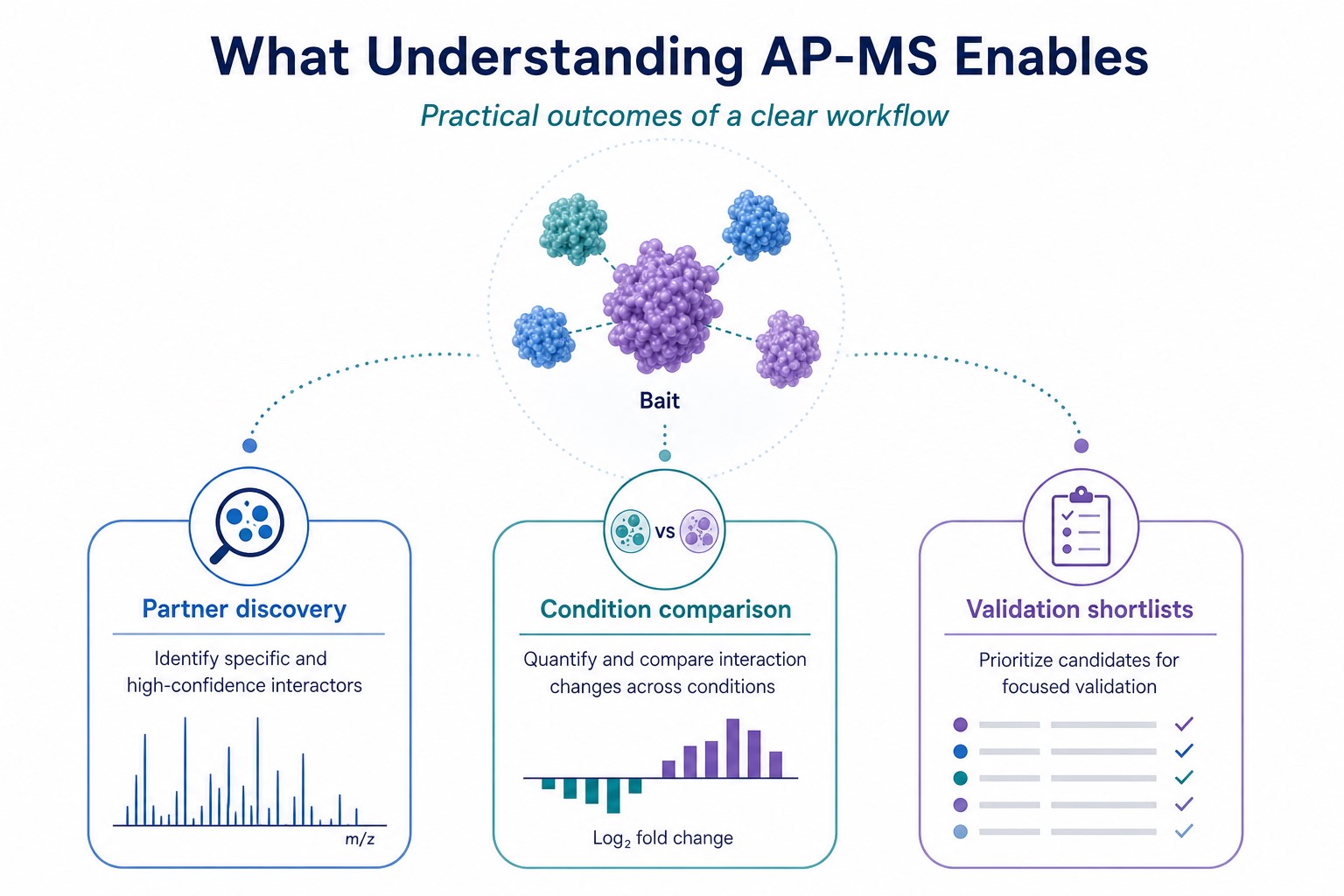 Practical outcomes of understanding how AP-MS works including partner discovery condition comparison and validation shortlists Practical outcomes of understanding how AP-MS works including partner discovery condition comparison and validation shortlists