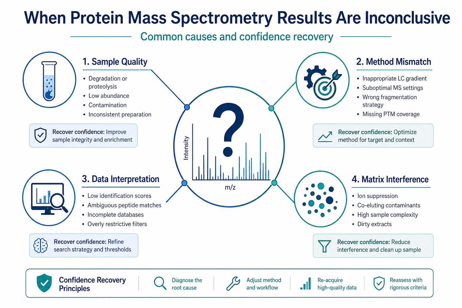 Common causes of inconclusive protein mass spectrometry results including sample quality method mismatch interpretation limits and matrix interference Common causes of inconclusive protein mass spectrometry results including sample quality method mismatch interpretation limits and matrix interference