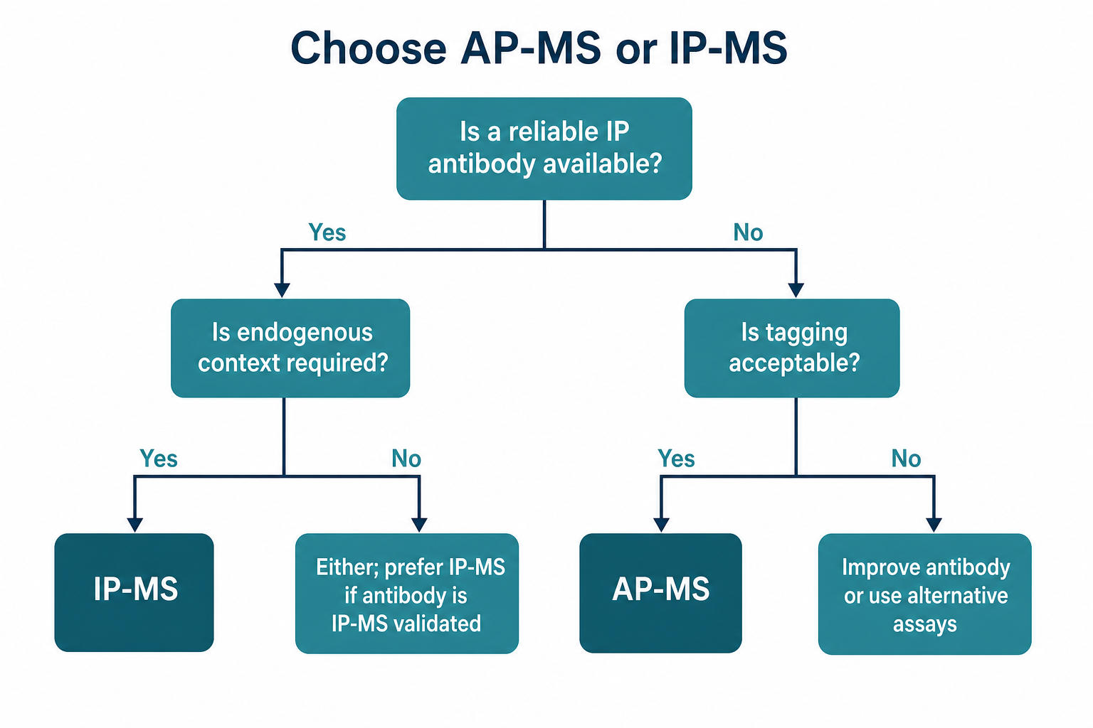 Decision tree for choosing between AP-MS and IP-MS based on antibody availability and tagging acceptability