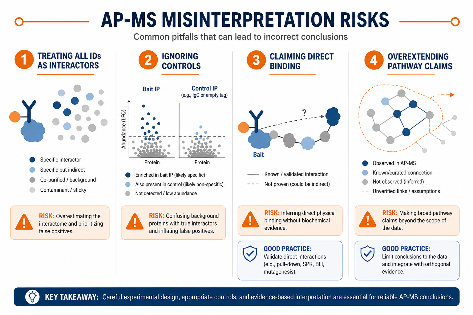 Common AP-MS misinterpretation risks including ignoring controls overclaiming direct binding and overextending pathway conclusions Common AP-MS misinterpretation risks including ignoring controls overclaiming direct binding and overextending pathway conclusions