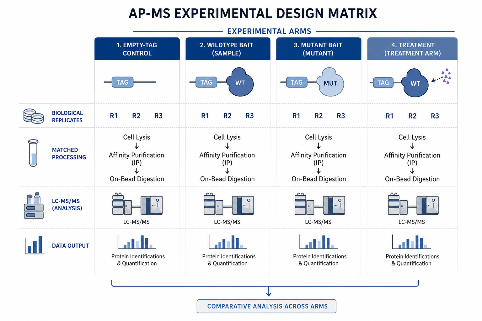 AP-MS experimental design matrix showing bait arms empty-tag controls contrast arms biological replicates and matched processing AP-MS experimental design matrix showing bait arms empty-tag controls contrast arms biological replicates and matched processing