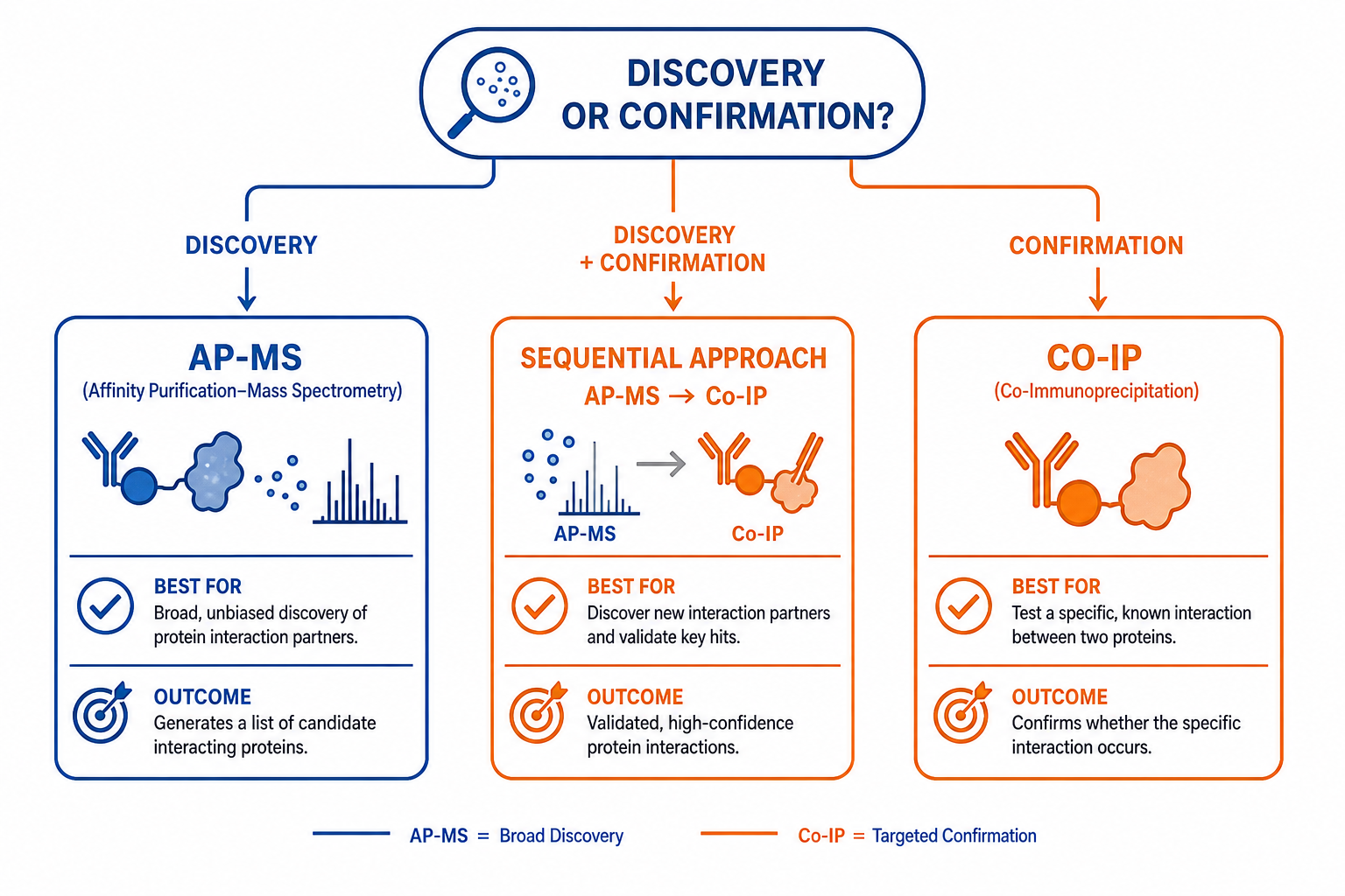 AP-MS vs Co-IP decision tree for protein interaction studies based on discovery confirmation or sequential workflow need AP-MS vs Co-IP decision tree for protein interaction studies based on discovery confirmation or sequential workflow need