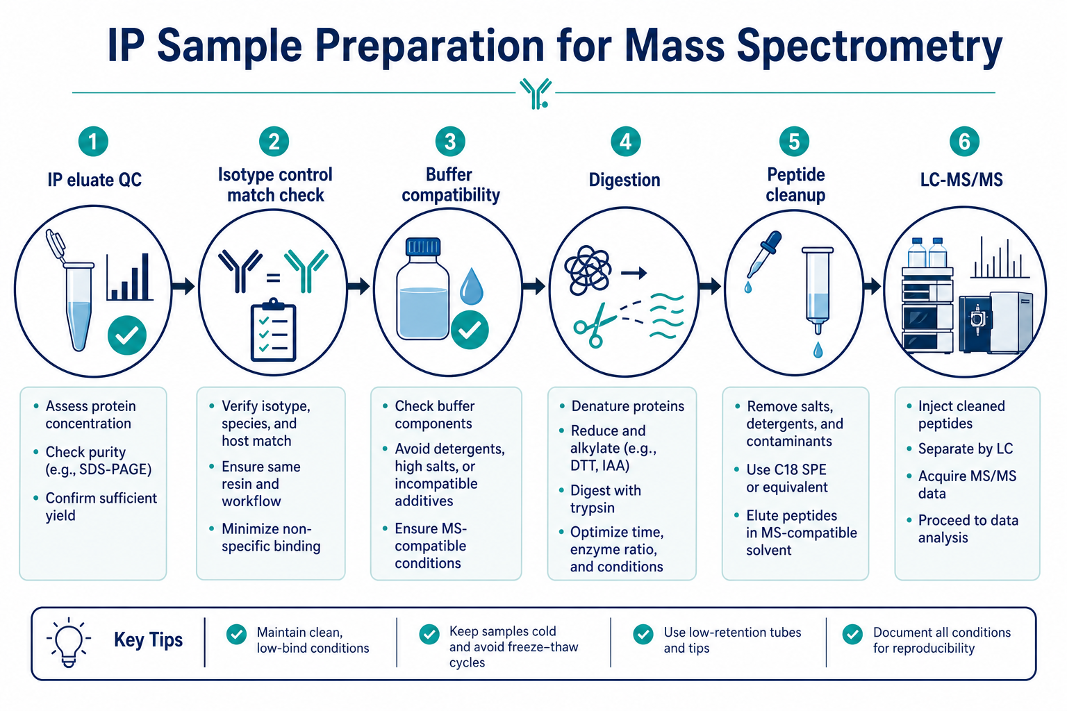 Immunoprecipitation sample preparation workflow from IP eluate recovery check through digestion peptide cleanup and LC-MS/MS analysis Immunoprecipitation sample preparation workflow from IP eluate recovery check through digestion peptide cleanup and LC-MS/MS analysis