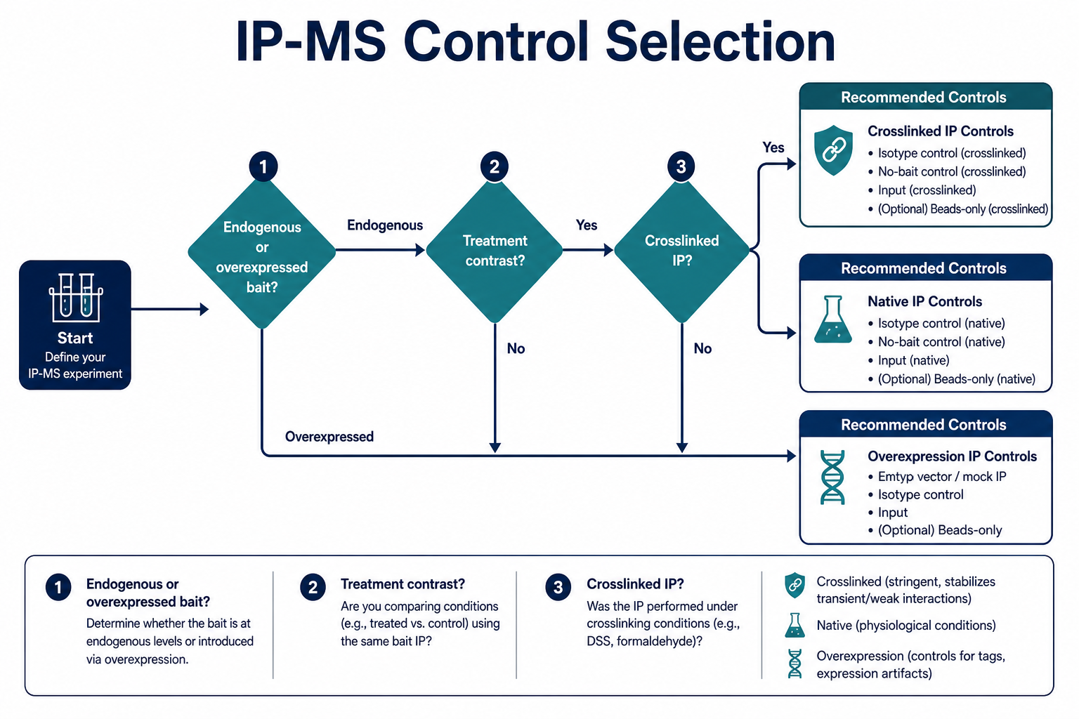 IP-MS control selection decision tree based on bait antibody design treatment contrast and discovery versus comparison goals