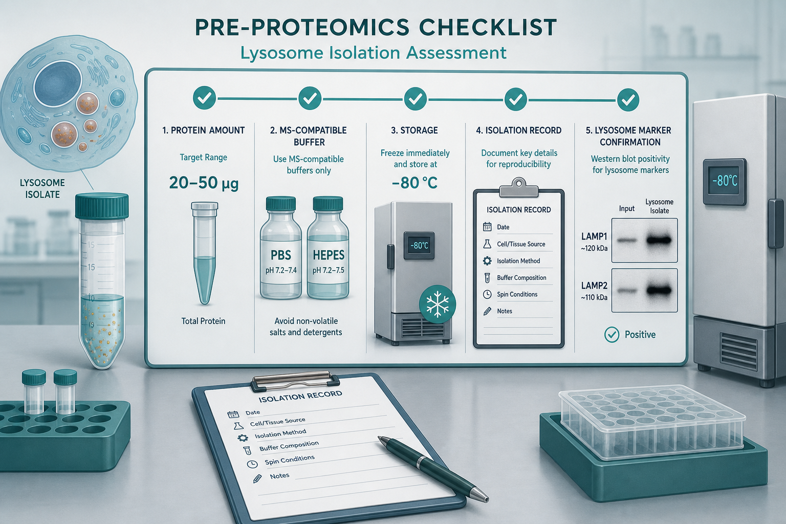 Pre-proteomics checklist for lysosome enrichment including protein amount buffer compatibility and LAMP marker positivity Pre-proteomics checklist for lysosome enrichment including protein amount buffer compatibility and LAMP marker positivity