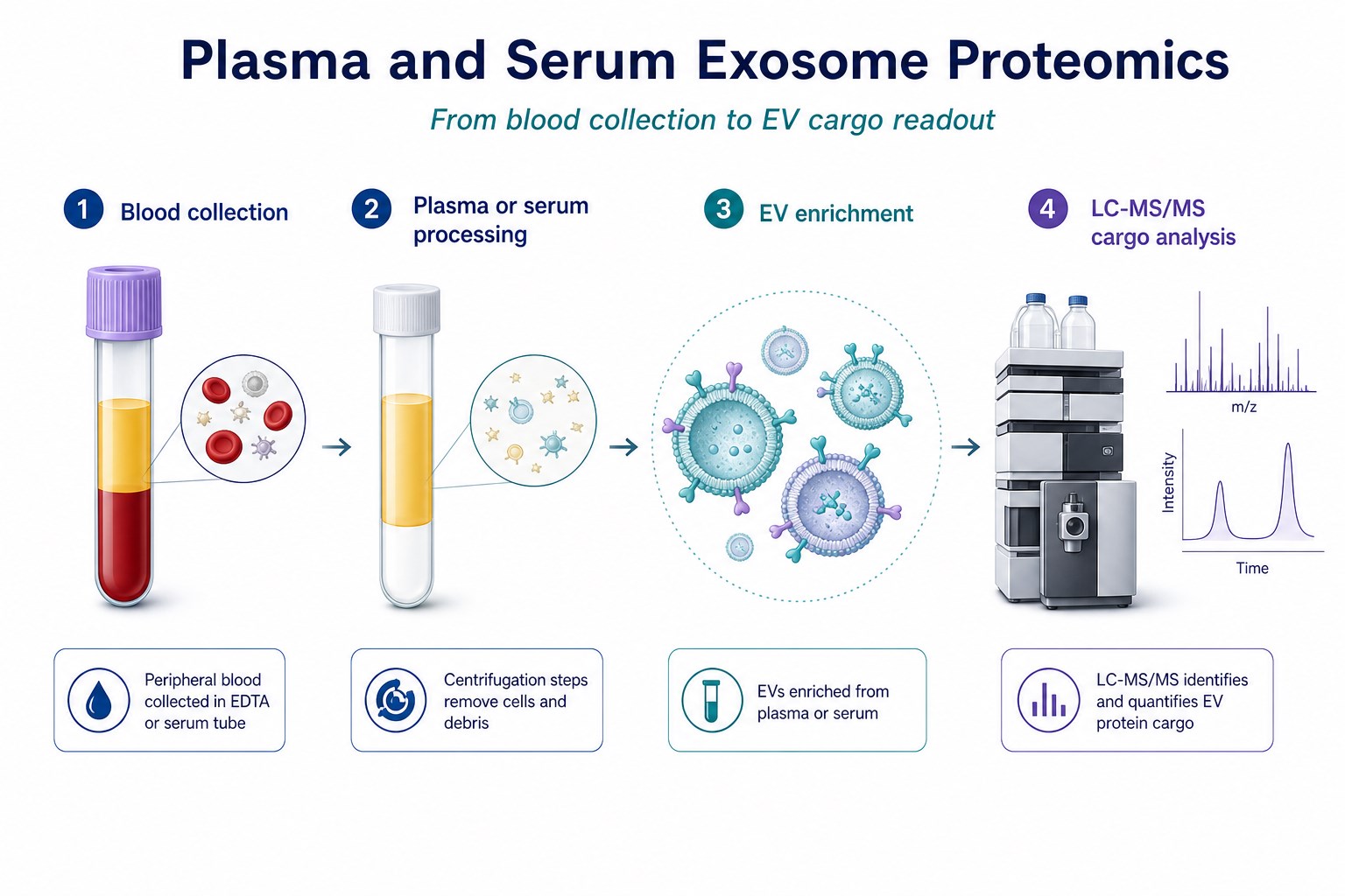 Plasma and serum exosome proteomics workflow from blood collection to EV enrichment and LC-MS/MS Plasma and serum exosome proteomics workflow from blood collection to EV enrichment and LC-MS/MS