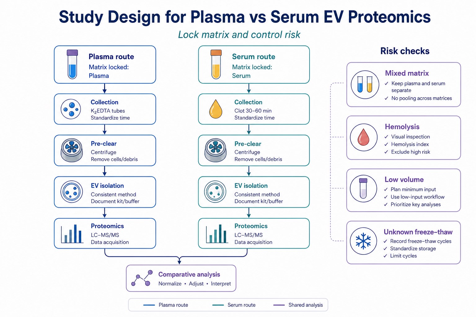 Study design map for plasma versus serum exosome proteomics decisions and risk checks Study design map for plasma versus serum exosome proteomics decisions and risk checks