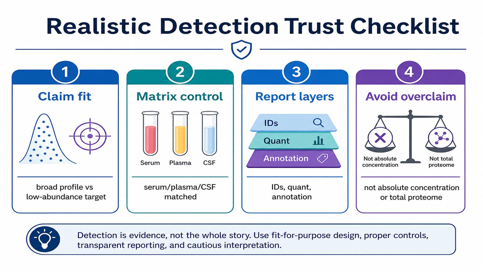 Trust checklist separating realistic LC-MS/MS detection claims from overclaims in biofluid proteomics